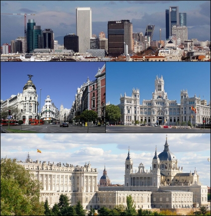 Von oben links: Das Geschäftszentrum am Paseo de la Castellana, Straßen Alcalá und Gran Vía, Palacio de Cibeles, Blick auf Palacio Real und Almudena-Kathedrale.*